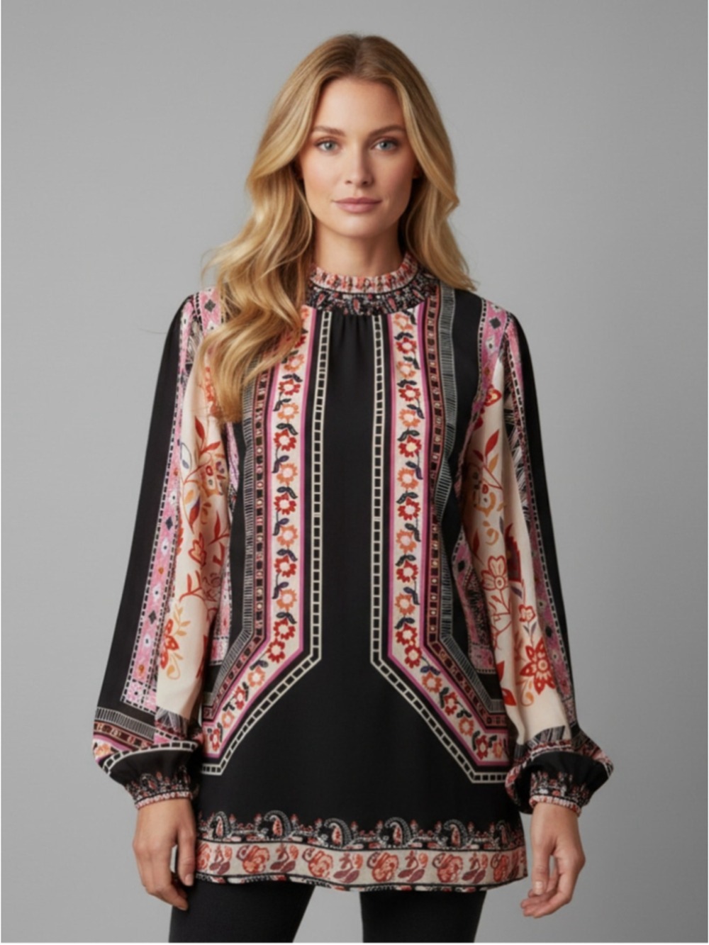 HaLife Bohemian Black Pink Floral Blouse Size M
